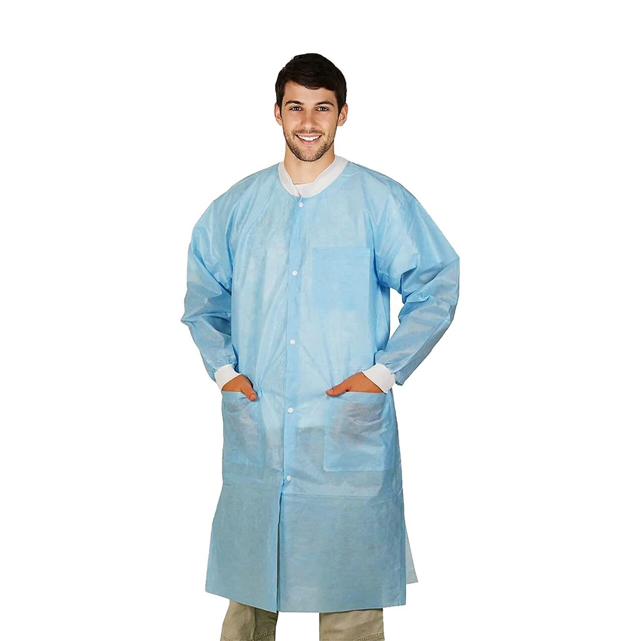 Disposable Lab Coat Medium Pack of 10 Sky Blue Disposable Lab Coats for Adults SPP 45 GSM Painting Lab Coat Disposable Unisex Plastic Lab Coats with Snaps Knit Cuffs Collar 3 Pockets